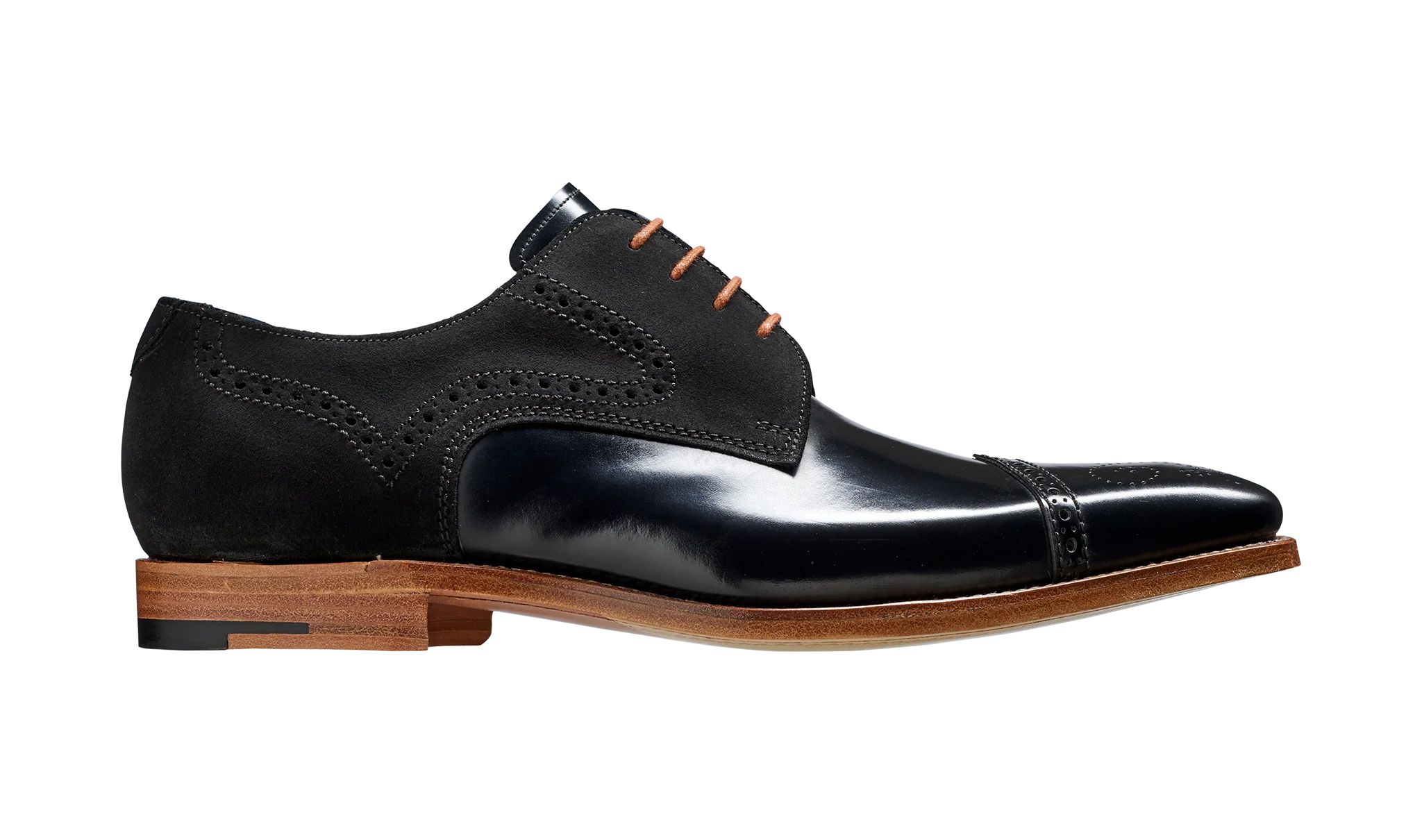 Luca - Black Hi-Shine / Suede Semi Brogue Shoes - Image 2